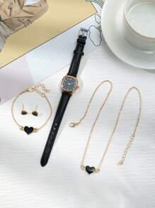 1入組黑色荔枝紋壓花PU聚氨酯帶方形錶盤石英表和4入組手環,日常裝飾 - 黑色 - 查看 3