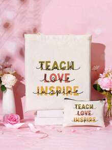1入組teacher Love Inspire字母圖案印花肩托袋和化妝袋組合套裝,輕便可折疊的購物袋,時尚休閒大容量手提袋,肩背袋,適用於新生和大二的返校必備用品儲物,男女旅行化妝和洗漱用品儲存,是送給教師、家長和恩主的理想禮物。 - 米色 - 查看 2