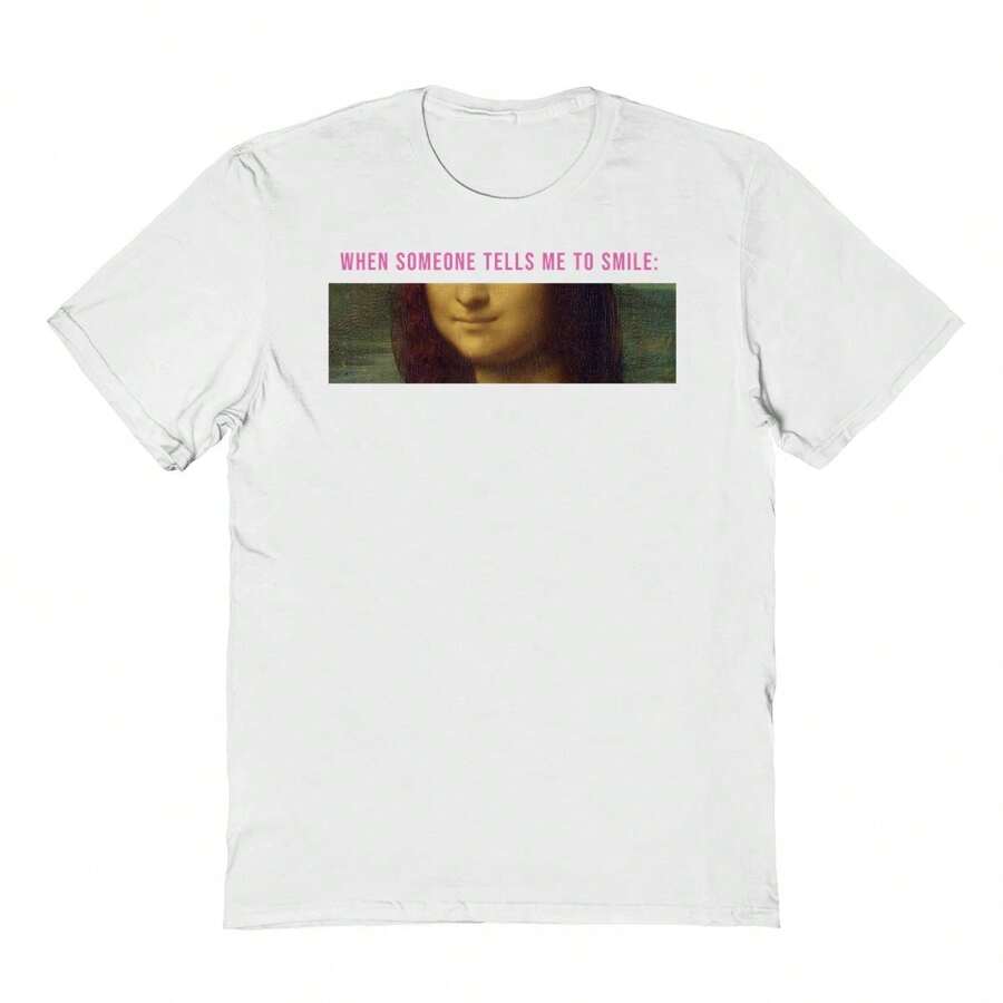 APOH Da Vinci Smile Mona Graphic White Unisex Cotton Short-Sleeve T-Shirt - 白色 - 查看 1