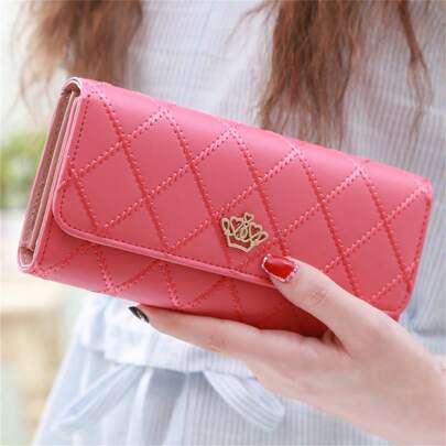 1 Peça Bolsa Carteira Multifuncional com Padrão de Diamante Rosa, Coração e Coroa, Fecho, Grande Capacidade, Bolsa para Celular de Estudantes, Negócios Casuais para Mulheres