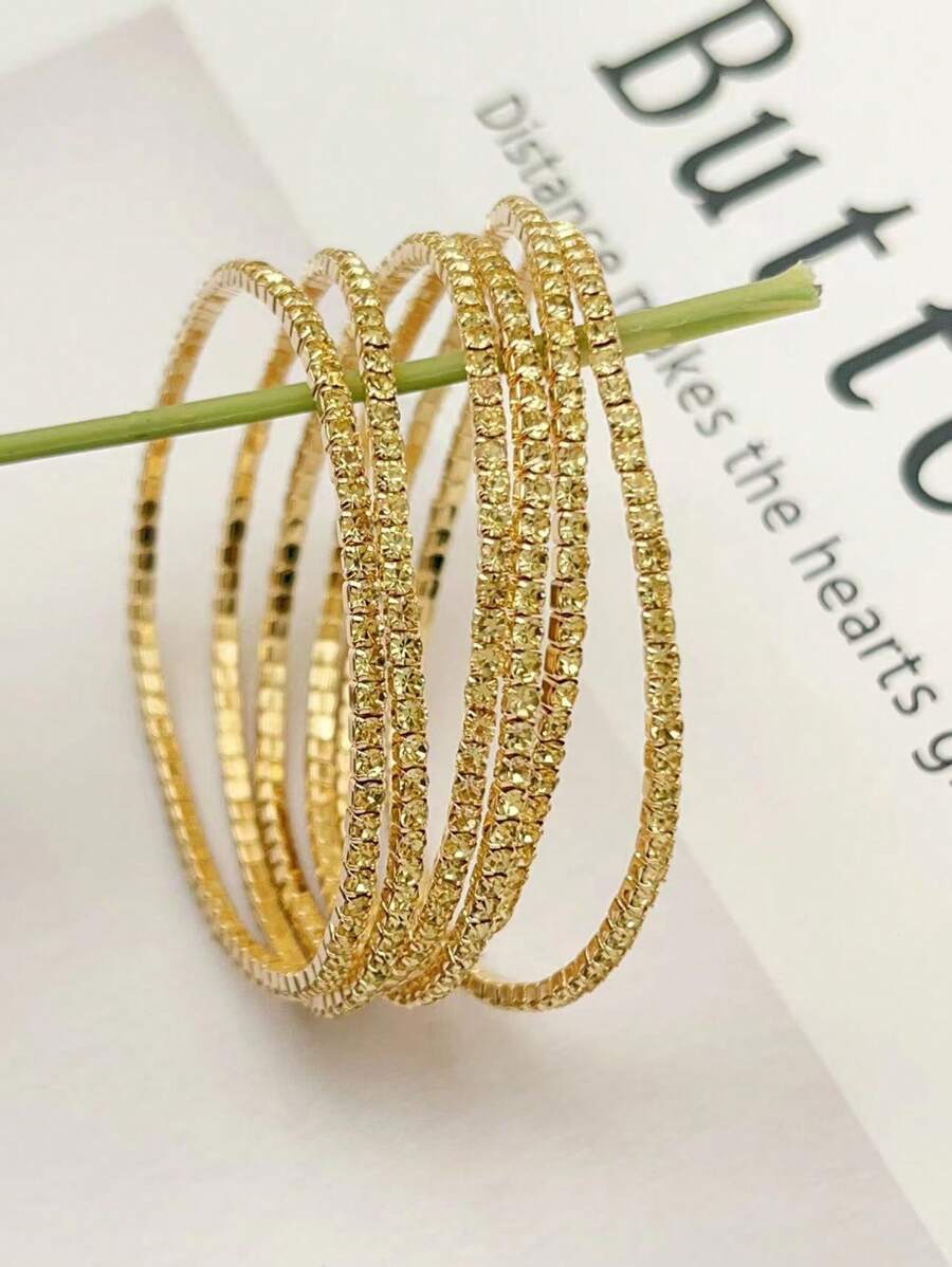 6 件女士超薄 2 毫米水钻弹性手链，透明白色水钻银手镯，闪亮 CZ 镶嵌，时尚派对/度假