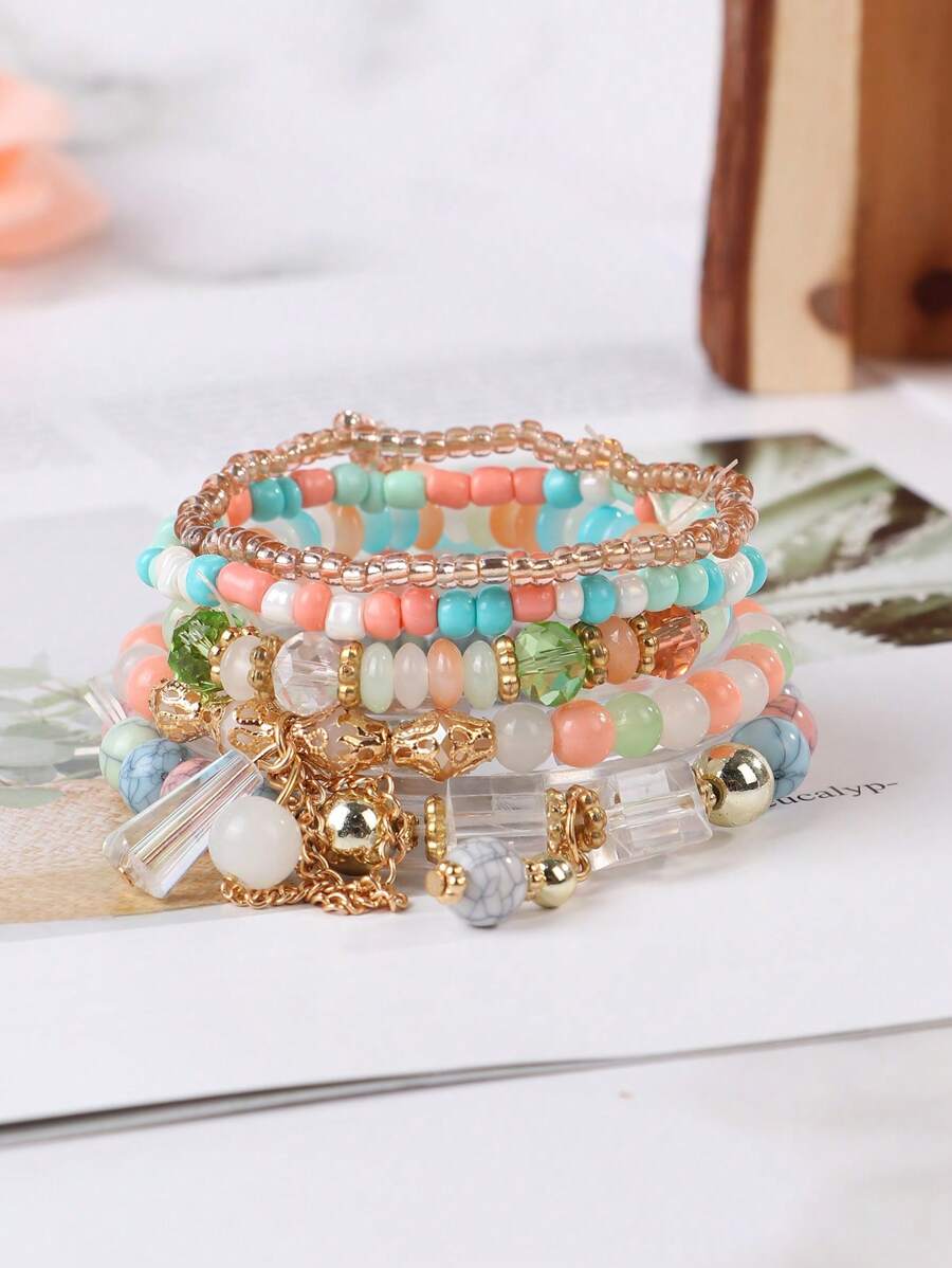 5pcs/set Bohemian Style Multi-layer Glass Beads Pendant Bracelet, Handmade Elastic String Adjustable Jewelry - Colorful - View 1