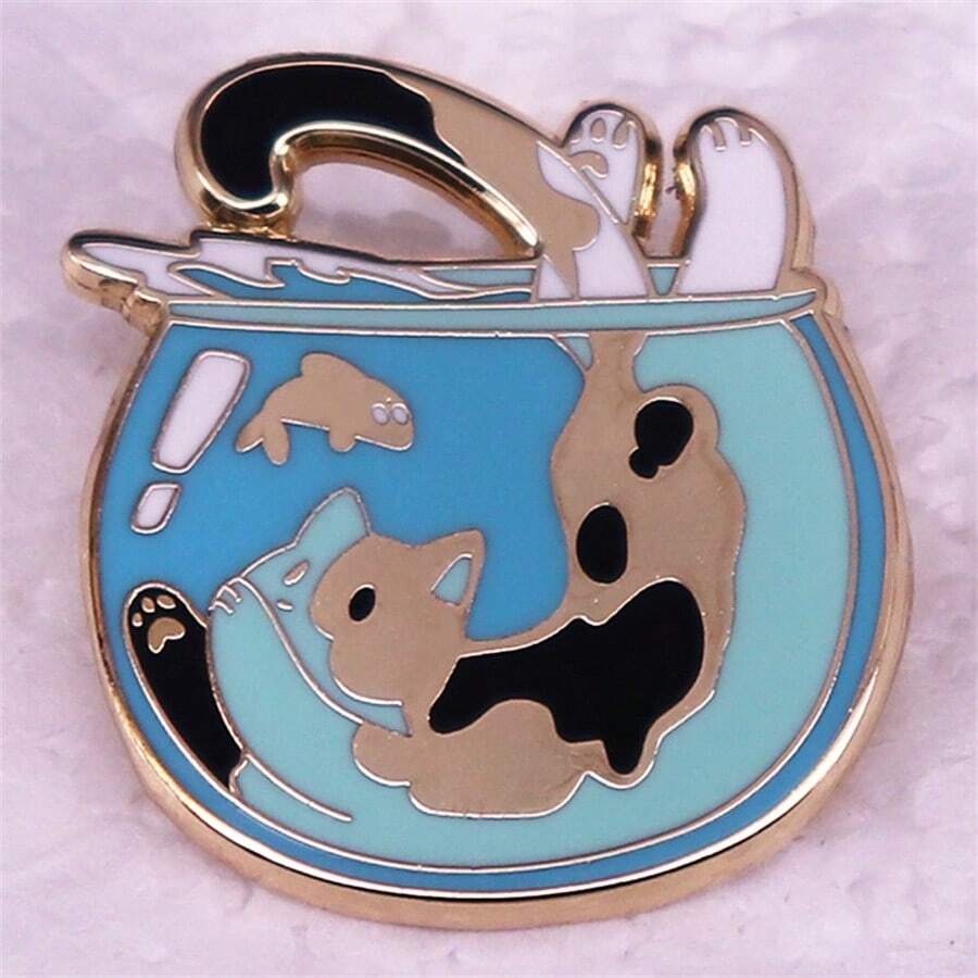 Enamel Pin Badge Of Cute Cat Catching Fish In The Fish Tank For Decorations, Festival Gift - Multicolor - View 1