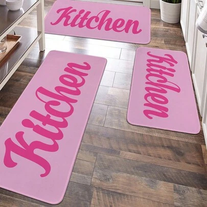 1/2 Pc Pink Text & Graphic Print Kitchen Mat, Soft Plush Rectangular Non-Slip Floor Rug For Living Room, Dining Room, Kitchen