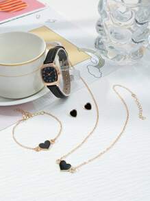 1入組黑色荔枝紋壓花PU聚氨酯帶方形錶盤石英表和4入組手環,日常裝飾 - 黑色 - 查看 2