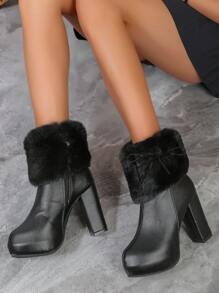 Women's Fancy Round Toe Side Zipper Velvet Fur Edge High Heel Fashion Boots - Black - View 3