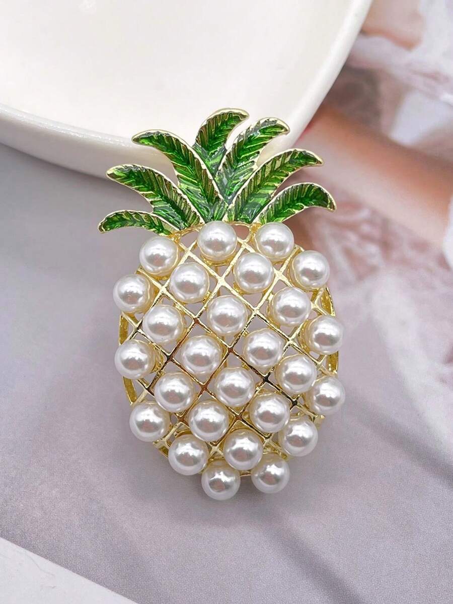 1入時尚女士珠寶製造商仿珍珠和搪瓷塗層菠蘿和鸚鵡胸針+1入復古外套裝飾花胸針 - 白色 - 查看 1