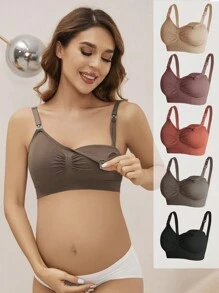 5Pcs Maternity & Nursing Bra Set, Nylon, Front Clasp, Wireless, Comfortable, Gently Push Up & Seamless Bra - Multicolor - View 4