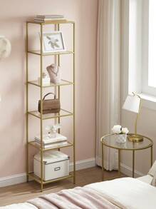 VASAGLE Regal mit 6 Ablagen, Badregal, gehärtetes Glas, einfache Montage, für Badezimmer, Wohnzimmer, Küche, Büro - Gold - Übersicht 3