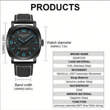 Seakoss男士 Gmt石英鍍膜潛水機械錶,超級發亮藍寶石海鷗2557自動機芯腕錶,日曆功能 - 藍色 - 查看 6