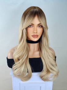 女士渐变金色假发，长卷曲波浪假发带刘海，合成材质，外观自然，耐热，适合角色扮演