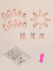 24入組短棺材形狀法式美甲指甲贴片带鑽石,1支指甲文件和1支果冻膠 - 彩色 - 查看 2