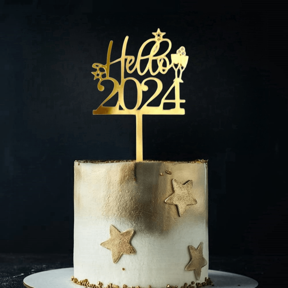 Hallo 2024 Cake Topper,Happy New Year 2024 Party Supplies,Happy New Year Cake Topper,New Year's Eve,Christmas,Happy Holidays Party Decorations (Gold )