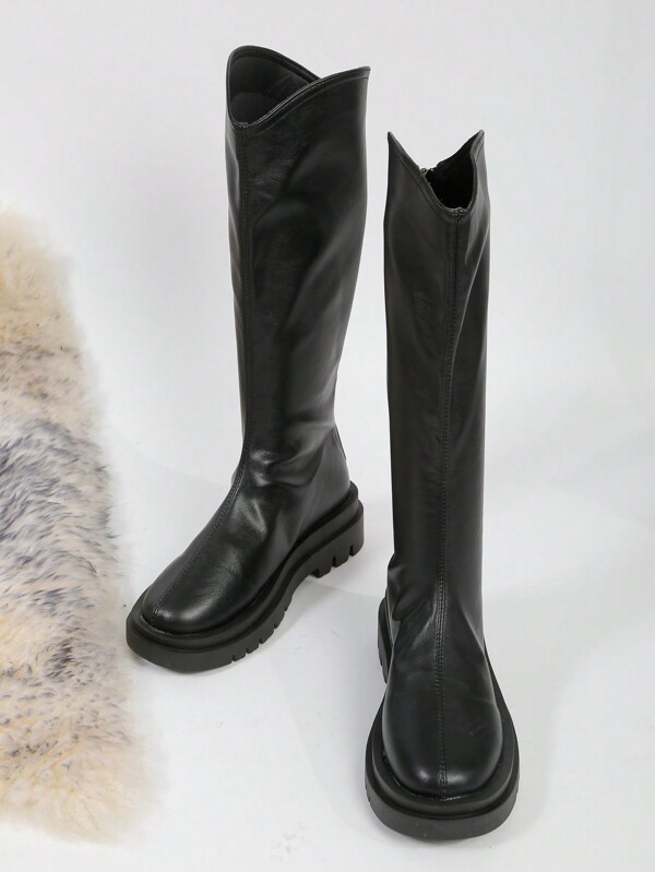 Women's Over The Knee Wide Tube Round Toe Boots, 2023 Spring Autumn New Fashion Vintage Style With Thick & Slip Resistant Mid-Calf Black Boots