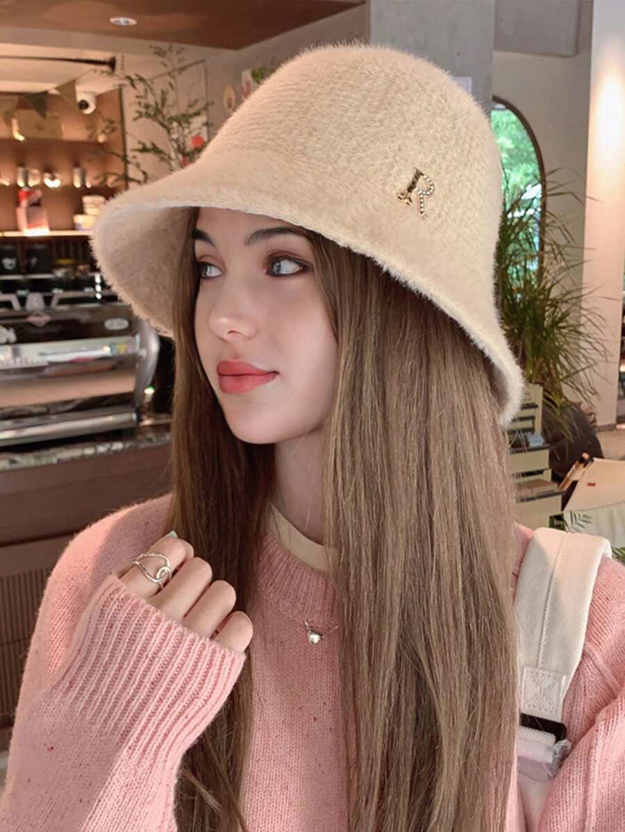 1pc Women's Bucket Hat With Fashionable Letter Print, Solid Color, Winter Thickened Warm Basin Hat, Versatile And Minimalist Style, Suitable For Daily Use Elegant - Beige - View 1