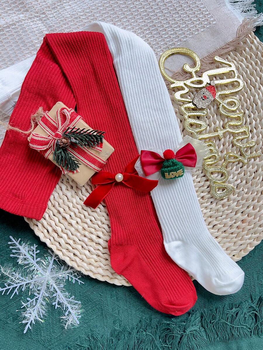 2入組女童聖誕節重型蝴蝶結緊身褲襪,適用於聖誕節 - 彩色 - 查看 1