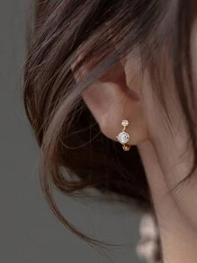 1 对简约 925 纯银不对称圆形镶钻耳环，男女通用礼物 - 金黃色 - 查看 4