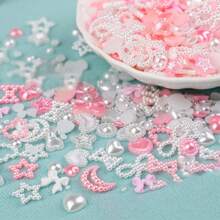 1000 件 3D 多形状指甲饰和平背珍珠，粉色混合款式心形星星蝴蝶结向日葵美甲装饰 - 彩色 - 查看 2