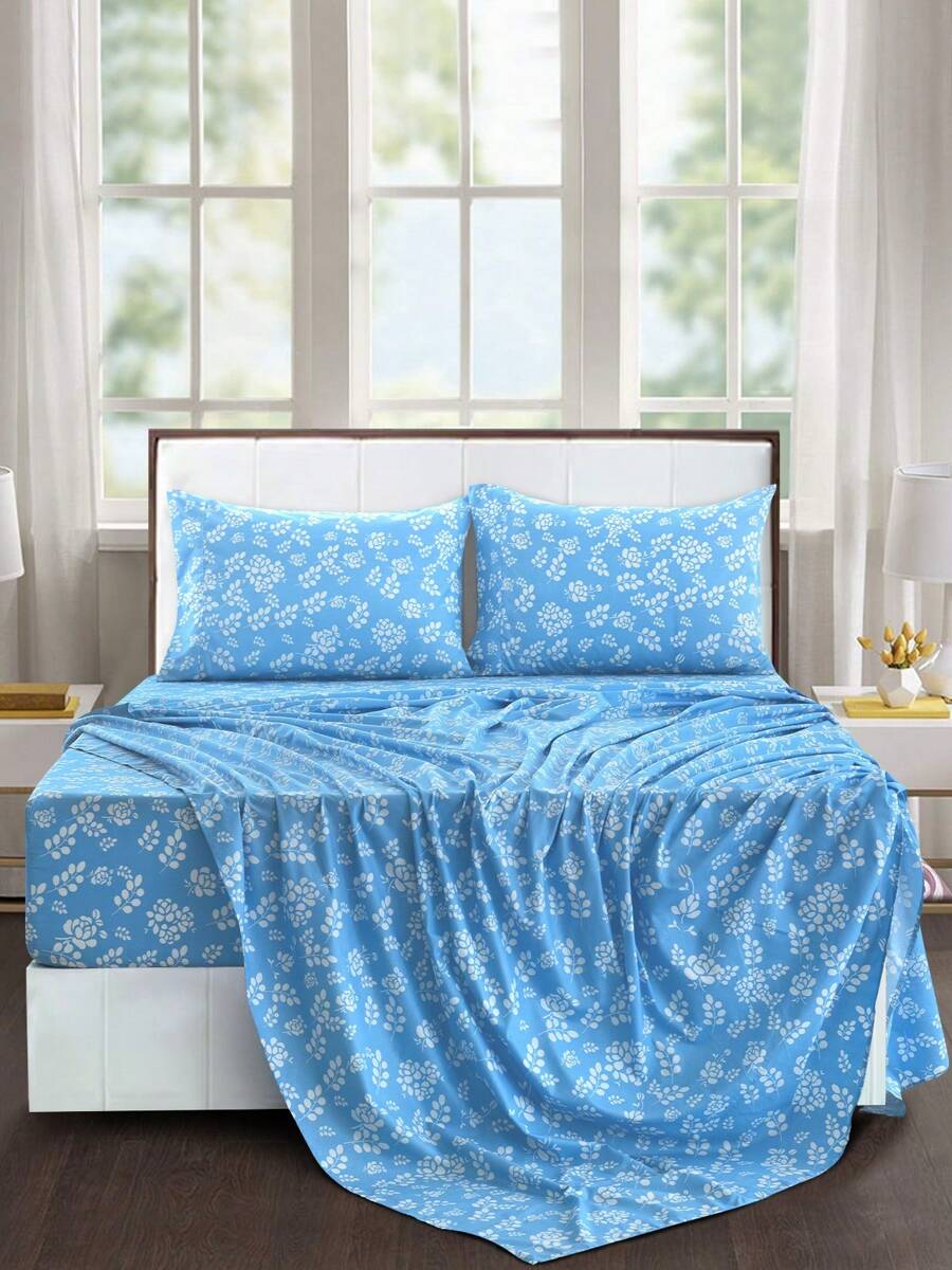 Lux Decor 4-Piece Floral Bed Sheet Set, High GSM Brushed Microfiber Bedding With 16-Inch Deep Pocket Fitted Sheet, Soft Cozy Breathable Bed Sheets And Pillowcases, Easy Care Bedding For Bedroom, Guest Room And Dorm - 藍色 - 查看 1