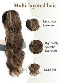 马尾接发，合成 26 英寸长波浪夹式马尾接发，适合女性日常使用 - 間色 - 查看 4