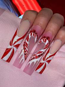 24 件聖誕長 XXL 方形按壓指甲，銀色雪花設計，全覆蓋棺材假指甲，帶丙烯酸指甲尖，人造膠，女式女孩聖誕指甲裝飾 - 彩色 - 查看 1