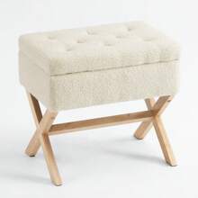 Furnistyle Autumn Ivory White Sherpa Upholstered Storage Ottoman Makeup Vanity Stool Chair, Tufted Ottoman Bench With Storage Square Footstool, Small Size Coffee Table Wooden Constructed Stool, Comfy Furry Foot Rest Ottoman Stool For Bedroom, Living Room Fall Favorites