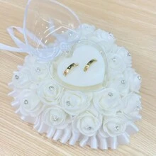 1 pieza Caja de anillo con forma de corazón romántica con rosa decorativa y rhinestones - cada centro de flor está decorado con piedras de cristal premium, adecuado para cualquier boda