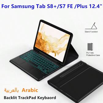 Backlit Arabic TrackPad Keyboard Case Book Cover Compatible With Galaxy Tab S8+ / S7 FE /Plus 12.4 Inch S7fe X800 X806/T730 T735 T736/ T970 T975 Tablet Magnetic Separation Smart TouchPad Keyboards Slim
