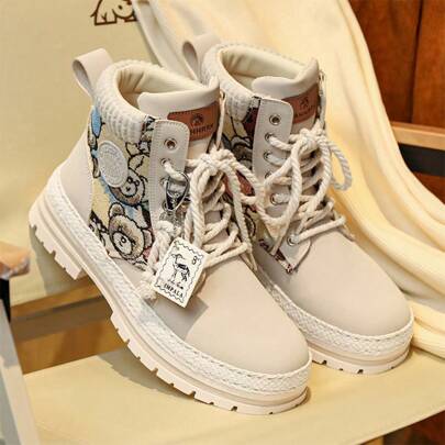 Men's Fashionable Bear Pattern Patchwork High-Top Ankle Boots