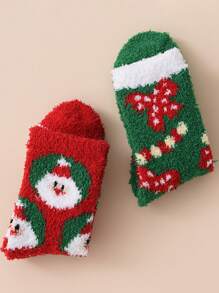 2對女士聖誕樹中筒襪,聖誕老人和馴鹿珊瑚絨聖誕長襪 - 彩色 - 查看 3