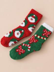 2對女士聖誕樹中筒襪,聖誕老人和馴鹿珊瑚絨聖誕長襪 - 彩色 - 查看 1