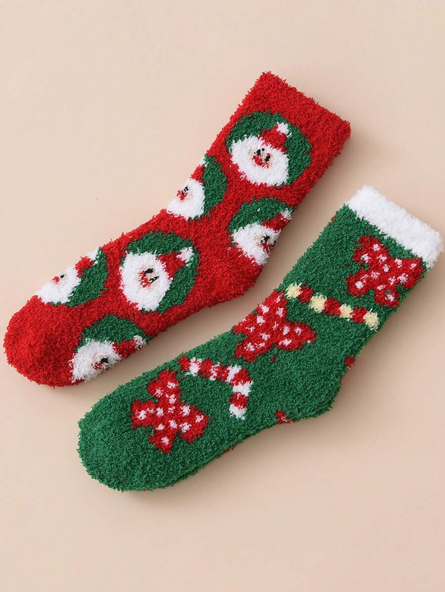 2對女士聖誕樹中筒襪,聖誕老人和馴鹿珊瑚絨聖誕長襪 - 彩色 - 查看 1