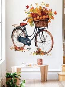1 Sticker Self-Adhesive Wall Sticker Maple Leaf Bicycle Creative Home Decoration Painting Room Living Room Wall Wallpaper, Stickers, Wall Decal, Vinyl Decal For Home Decorations, Spring Decoration Items Refresh Your Home, Rama Decoration Stickers Kitchen Decor - Multicolor - View 6