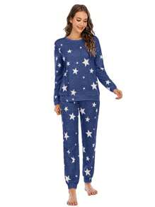 European And American Women's Sleepwear New Winter Star-printed Casual Blue Long-sleeved Women's Home Clothing - Blue - View 1