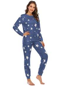 European And American Women's Sleepwear New Winter Star-printed Casual Blue Long-sleeved Women's Home Clothing - Blue - View 2