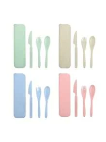 Set Cubiertos Portatiles Con Estuche Ecologicos Fibra Trigo Cuchara tenedor cuchillo estuche transportador comida - Rosa - Ver 8
