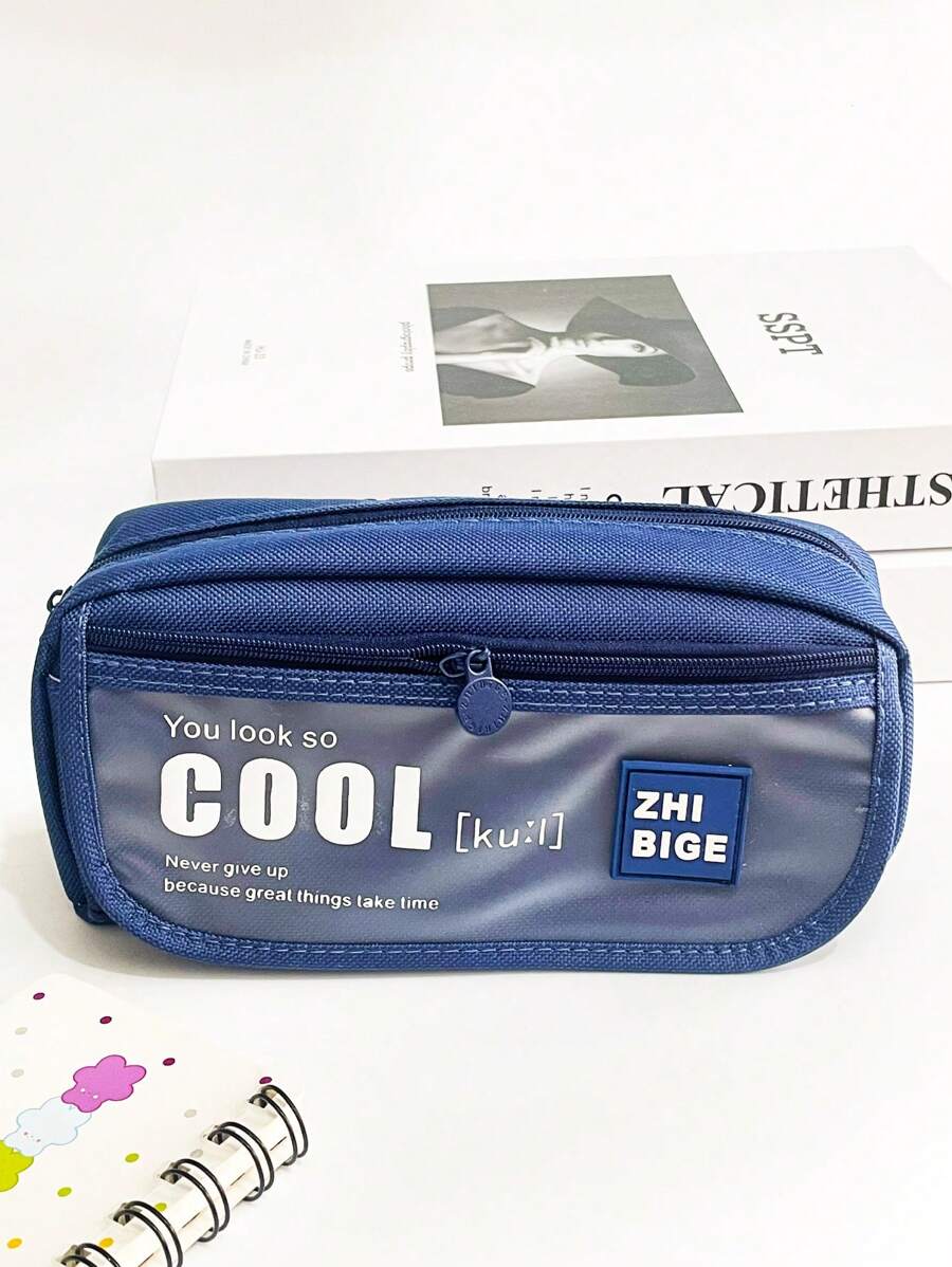 1pc High-Capacity Multi-Layered Cute Japanese-Style Student Pencil Case For Middle School Boys, With A High-End Black Pen Box Design - Blue - View 1