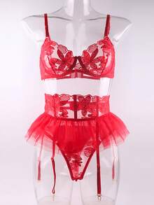 荷葉邊網紗裙&吊襪帶&胸罩,緊身性感內衣套裝