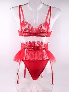 荷葉邊網紗裙&吊襪帶&胸罩,緊身性感內衣套裝