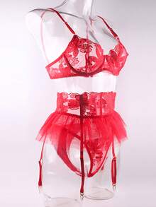 荷葉邊網紗裙&吊襪帶&胸罩,緊身性感內衣套裝