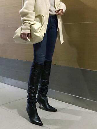 Women's High Heeled Over The Knee Boots With Pointed Toe, Pleats And Stilettos, Autumn And Winter Styles, Pairing With And Trousers