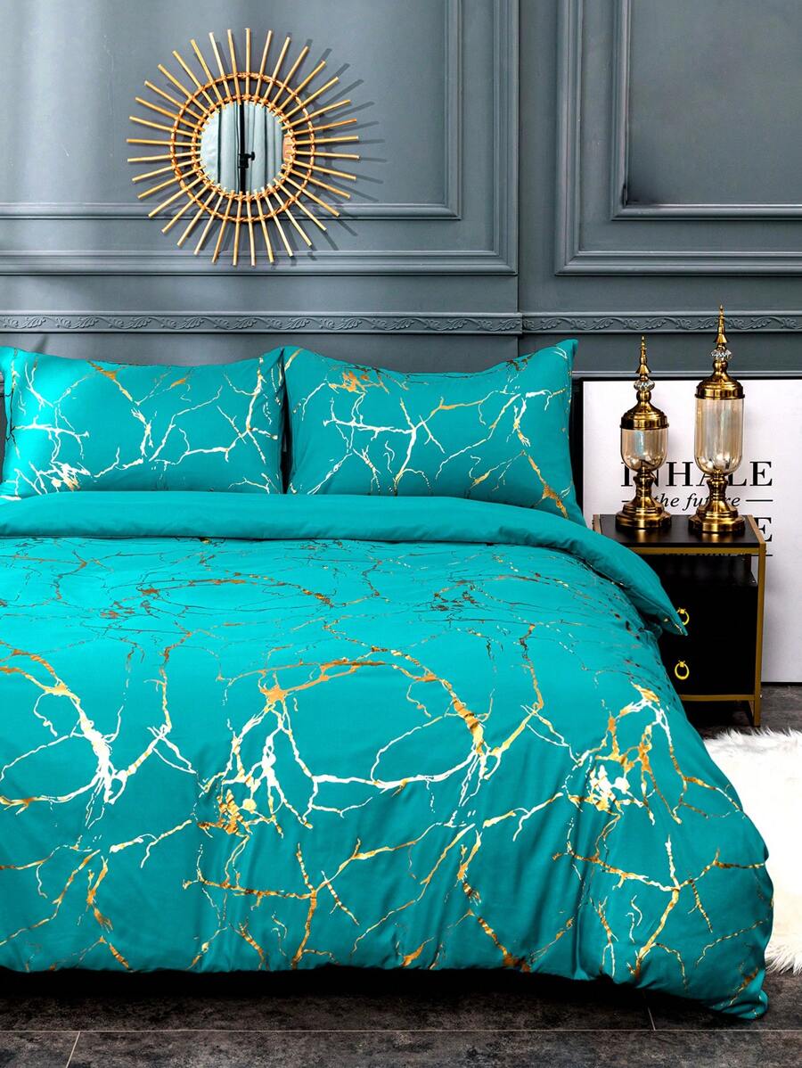 3pcs Classic Blue Gold Foil Print Texture Duvet Cover Set - Blue - View 1