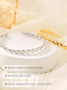 Under the banyan tree 1 件簡約 925 純銀扭絲和開口手鐲女式,ins 風格流行簡約設計腕帶 - 金色 - 查看 2