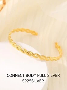 Under the banyan tree 1 件簡約 925 純銀扭絲和開口手鐲女式,ins 風格流行簡約設計腕帶 - 金色 - 查看 8