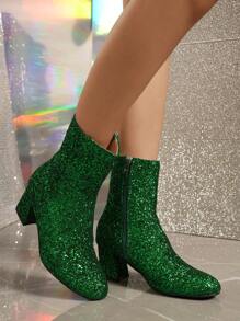 Women'S Plus Size Round Toe Chunky Heel Fashion Boots With Green Sparkles, Cute Ankle Boots For Fall And Winter - Green - View 5