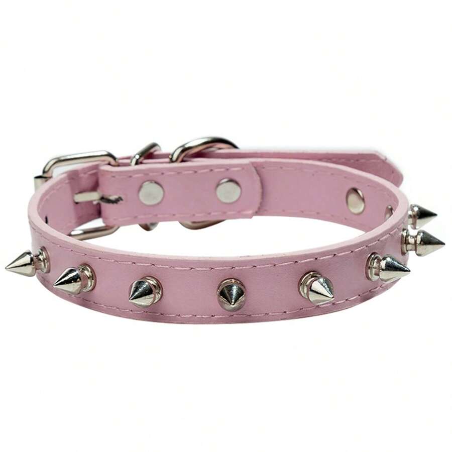 1pc Pu Leather Collar Bullet Studs Rivet Pet Collar For Daily Use - Pink - View 1