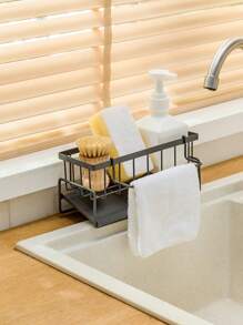 1pc Kitchen Storage Rack, Sink Side Storage Shelf, Drain Rack, Sponge Organizer, Small Items Storage Shelf - Black - View 3