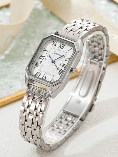 1 件小众奢华方形女士手表，简约优雅风格，配有石英机芯和钢表带，适合日常佩戴，作为返校学生的礼物