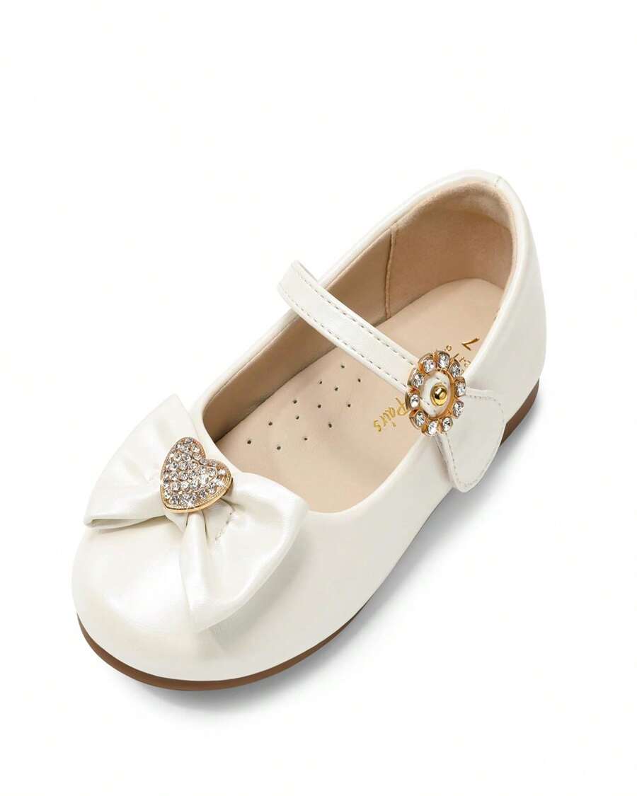 Mary Jane Front Bow Heart Rhinestone Buckle Ballerina Flat (Toddler/Little Girl) New - Apricot - View 1