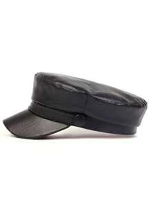 Ladies' Solid Color Pu Leather Beret Cap - Black - View 4